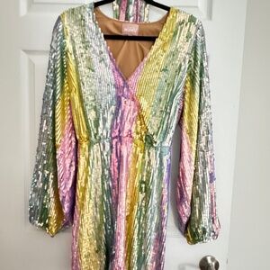 Show Me Your MuMu Wear Me Out Dress-Pastel Sequin V-Neck Long Sleeve Dress